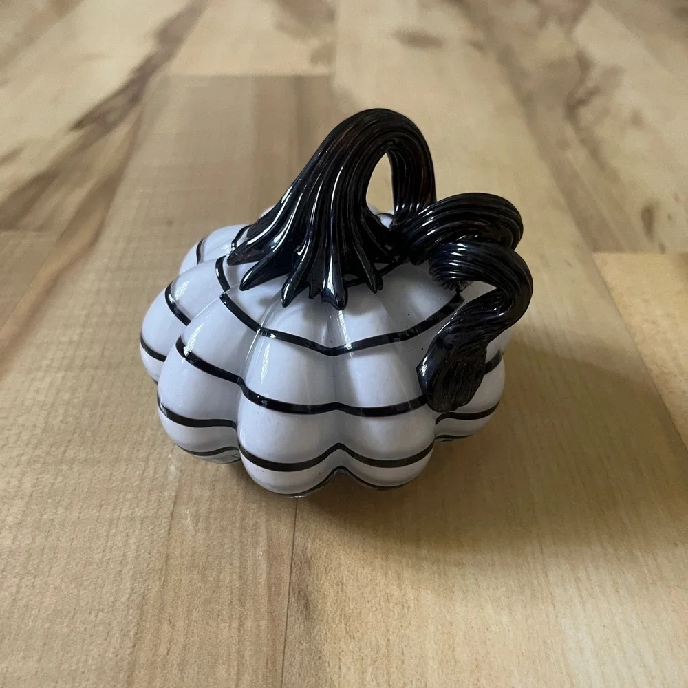 Hand Blown Glass Pumpkin Halloween White Black Fall Home Decor Gothic Spooky
